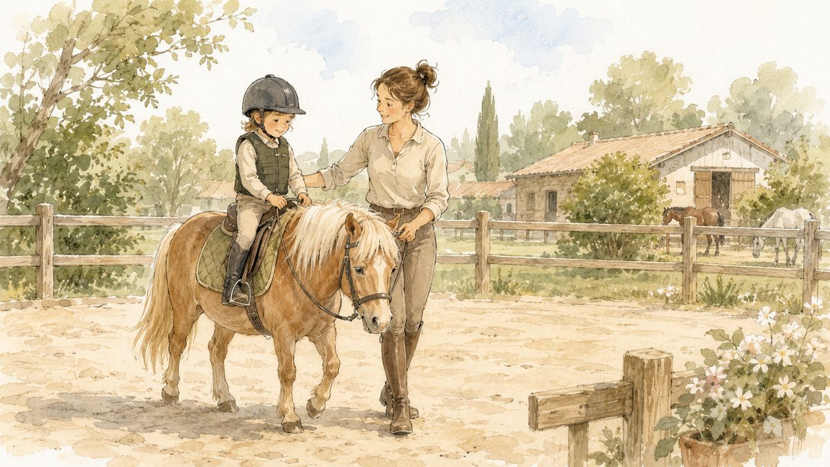 Cours d'équitation en carrière avec monitrice